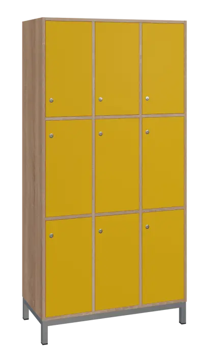 SBS-3333 šatní skříň 9-boxová, 1800x900x400 mm, kovové nohy, korpus dub bardolino, dvířka žlutá odio